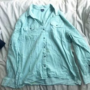 green striped button down patagonia shirt